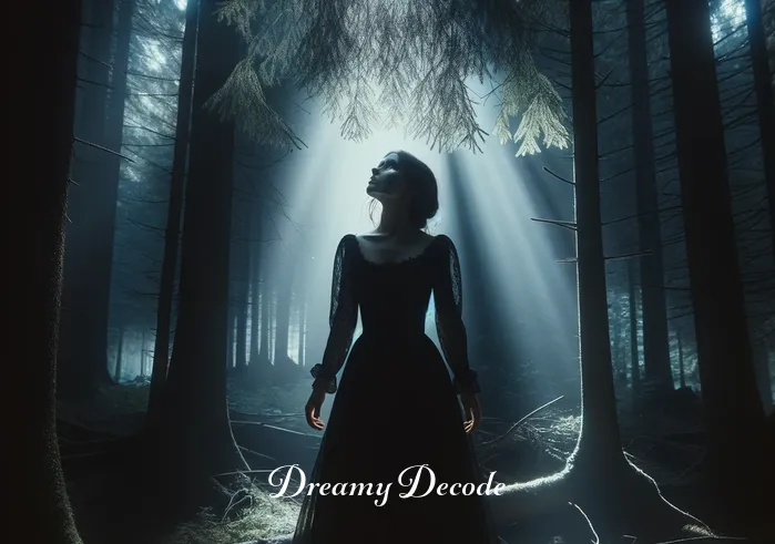 woman in black dress dream meaning _ The woman reaches a clearing in the forest, where moonlight filters through the branches, illuminating her figure. She looks upward, her face partially visible, reflecting a sense of revelation and understanding.