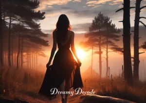 woman in black dress dream meaning _ In the final scene, the woman exits the forest, stepping into a sunrise. Her black dress contrasts with the warm hues of the dawn sky. She walks confidently, symbolizing a journey's end and newfound clarity.
