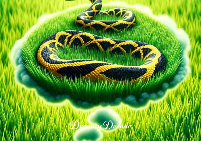 yellow and black snake dream meaning _ A vibrant yellow and black snake slithering gracefully through lush green grass, representing the manifestation of the dream snake and its journey through the dreamer