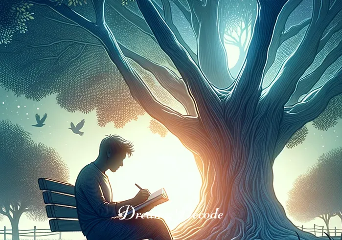 yellow and black snake dream meaning _ The same person from the first image, now sitting under a tree with a journal, pen in hand, symbolizing the process of analyzing and interpreting the dream about the yellow and black snake.