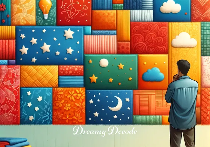blanket dream meaning _ A person standing in a brightly lit room, looking thoughtfully at a wall covered with various colorful blankets. Each blanket has different patterns and textures, symbolizing the diversity of dreams and their interpretations.