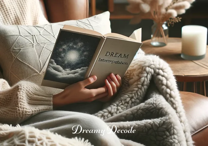 blanket dream meaning _ The same person now sitting comfortably in an armchair, wrapped in a cozy, soft blanket. They are holding a book about dream interpretation, suggesting a journey of self-discovery and understanding the meanings behind their dreams.