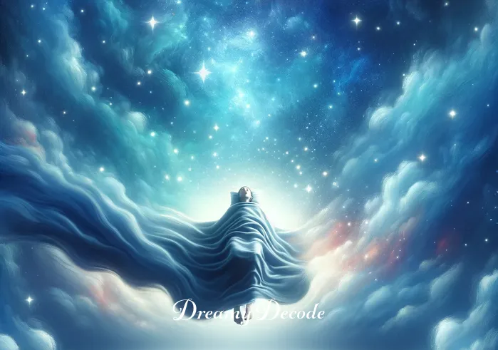 blanket dream meaning _ A dreamlike scene where the person is floating in a serene, starry night sky, enveloped in the same blanket from earlier. This represents the transition into the dream world, exploring the depths of subconscious thoughts and emotions.