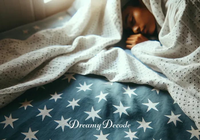 dream meaning blanket _ A person peacefully sleeping under a star-patterned blanket, symbolizing comfort and protection in dreams. The room is softly lit, creating a serene atmosphere.