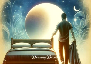 dream meaning blanket _ The person stands beside the bed, folding the blanket neatly, signifying resolution and the processing of dream emotions or experiences.