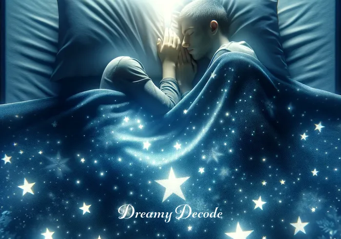 spiritual meaning of blanket in dream _ A person peacefully sleeping under a star-patterned blanket, with a soft glow surrounding them, symbolizing comfort and protection in a serene, moonlit room.