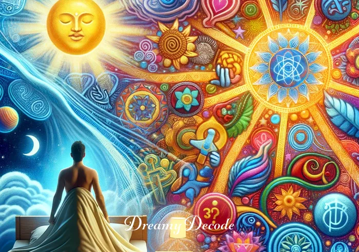 spiritual meaning of blanket in dream _ The same person, now with the blanket transforming into a vibrant tapestry of various spiritual symbols, illustrating a journey of self-discovery and enlightenment in their dream.