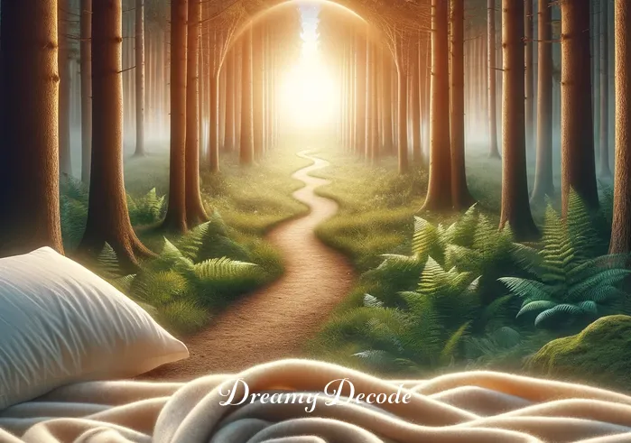 spiritual meaning of blanket in dream _ The blanket gently unravels, revealing a path leading to a tranquil forest, symbolizing the dreamer