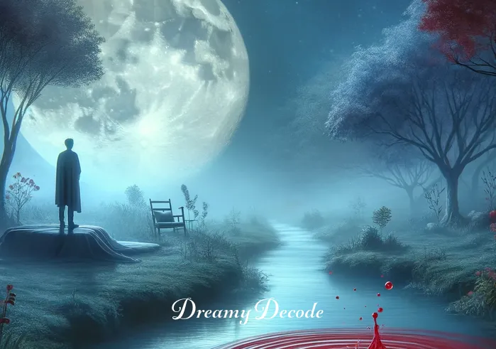 what is the spiritual meaning of bleeding in a dream _ A dreamer standing in a serene, moonlit garden, looking contemplatively at a small, gentle stream where a few drops of red color softly blend with the water