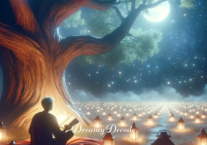what is the spiritual meaning of bleeding in a dream _ A serene scene transitions to a dreamer sitting under a large, ancient tree in the moonlit garden, surrounded by softly glowing lanterns. In their hand, a journal is open, symbolizing the process of understanding and recording the spiritual implications of their dream about bleeding.