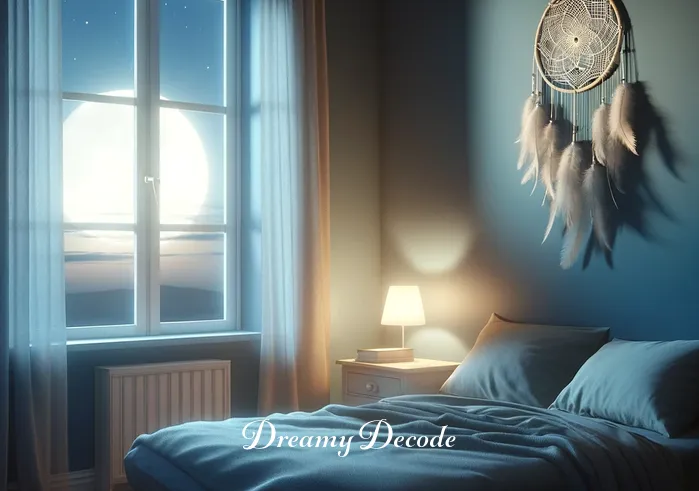 blood dream meaning _ A peaceful bedroom at dusk, with soft blue walls and a comfortable bed. The window is open, letting in a gentle breeze. Moonlight illuminates a dreamcatcher hanging above the bed, casting a soothing shadow.