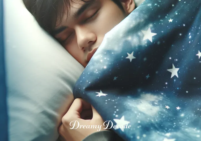 blood dream meaning _ A person sleeping peacefully under a starry sky blanket, their expression calm and relaxed. Soft moonlight filters through the window, creating a tranquil atmosphere in the room.