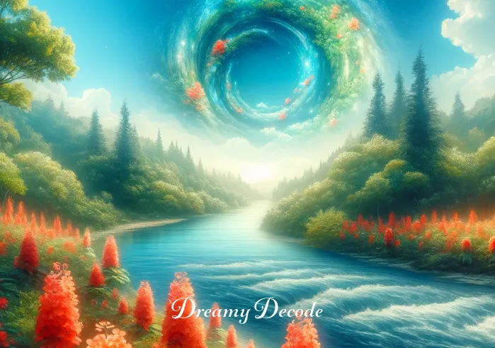 blood dream meaning _ A dream sequence showing a serene river flowing through a lush green landscape under a clear blue sky. Red flowers bloom vibrantly along the riverbank, adding a splash of color to the serene setting.