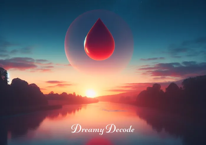 blood in a dream meaning _ A serene landscape at twilight, with a calm river reflecting the colors of the setting sun. In the sky, a dream-like vision of a drop of blood is superimposed, symbolizing the beginning of a dream journey centered around the theme of blood.