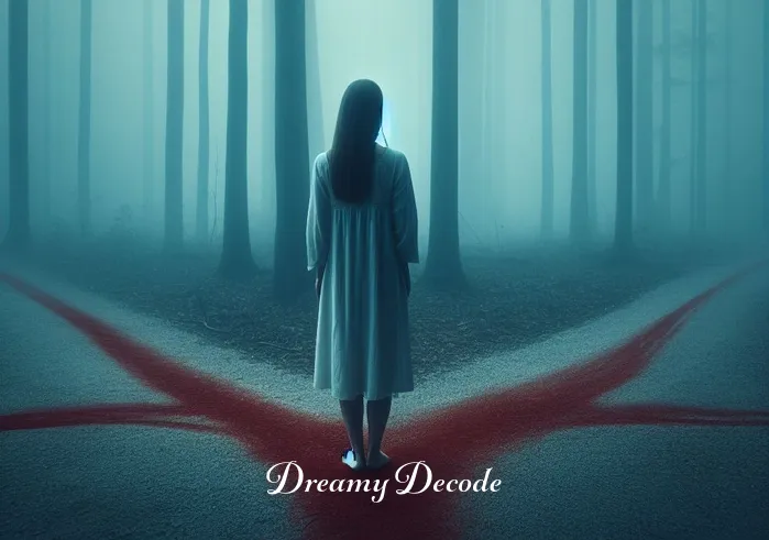 blood in a dream meaning _ A dreamer standing at a crossroads in a misty forest, looking contemplative. The paths are subtly marked with faint red lines, representing the dreamer