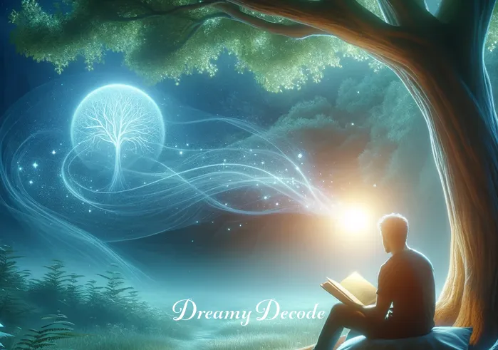 blood in a dream meaning _ A tranquil scene of the dreamer sitting under a tree, with a book open in their lap. The pages of the book glow with a soft red hue, illustrating the dreamer