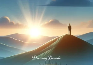 blood in a dream meaning _ A peaceful dawn breaking over a hill, with the dreamer standing at the top, looking refreshed and enlightened. The early morning light casts a gentle red tint over the landscape, symbolizing the dreamer's newfound clarity and resolution about the meaning of blood in their dream.