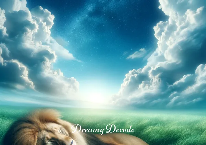 dream meaning lion attack _ A serene meadow under a clear blue sky, where a majestic lion lies peacefully amongst the grass, symbolizing strength and tranquility in a dream.