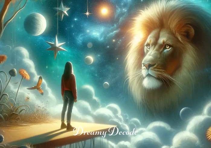 dream meaning lion attack _ A dreamer standing at a safe distance, observing the lion with a mixture of awe and curiosity, reflecting the process of confronting fears or challenges in the subconscious.