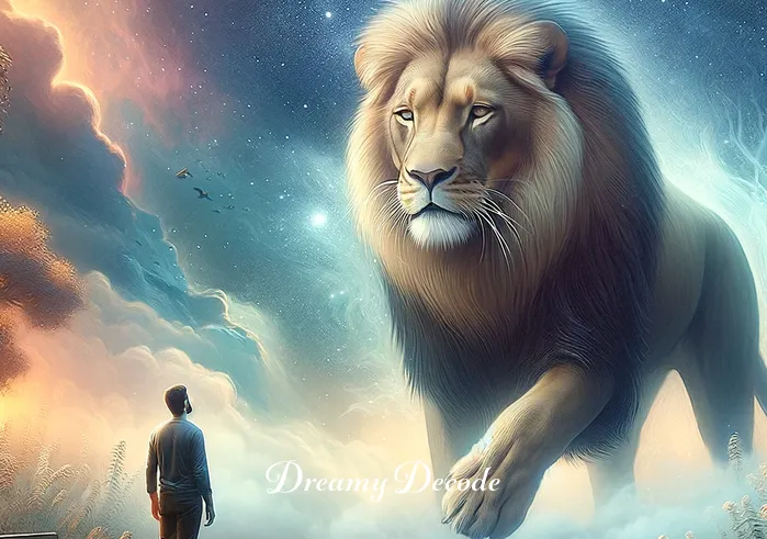 dream meaning lion attack _ The lion in the dream begins to walk towards the dreamer, symbolizing an approaching challenge or inner conflict, but maintains a calm demeanor, indicating control and confidence in facing fears.