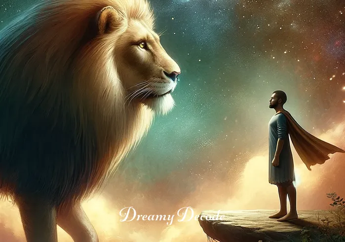 dream meaning lion attack _ The dreamer and the lion standing face to face, with the dreamer showing a calm and understanding expression, symbolizing overcoming fears and finding harmony with one's inner strength.