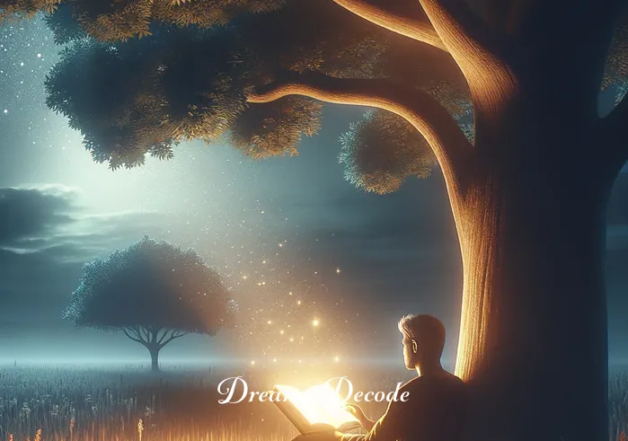 blood in dream meaning _ The same person now sitting under a tree in the same field, holding an open, glowing book. The pages emit a soft light, symbolizing gaining knowledge or insight, perhaps about the meaning of blood in dreams. The atmosphere is peaceful and surreal.