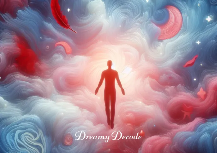blood in dream meaning _ The individual is shown in a more abstract scene, surrounded by soft, swirling colors of red and blue, representing blood in a non-threatening manner. The scene is dream-like, with floating symbols like feathers and stars, indicating exploration of dream symbolism.