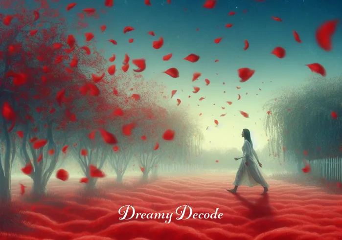 blood meaning in dream _ The dream scene shifts to a peaceful garden where the dreamer is walking. Suddenly, red petals begin to fall from the sky, symbolically representing blood in a non-threatening way, aligning with the theme of the dream.