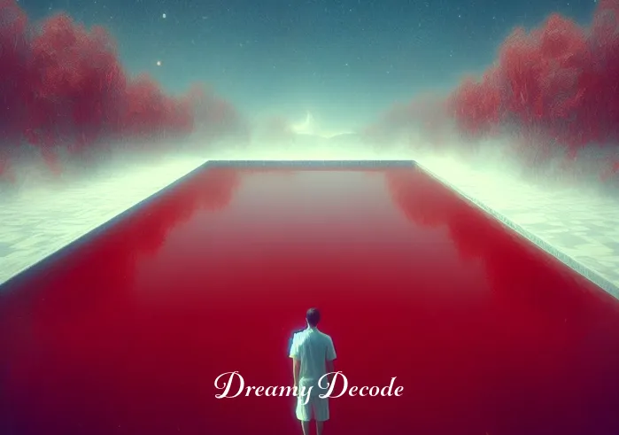 blood meaning in dream _ The dream concludes with the dreamer standing before a calm, reflective pool of water. The water's surface is tinged with a light red hue, symbolizing the blood theme in the dream, and reflecting the dreamer's contemplation of its meaning.