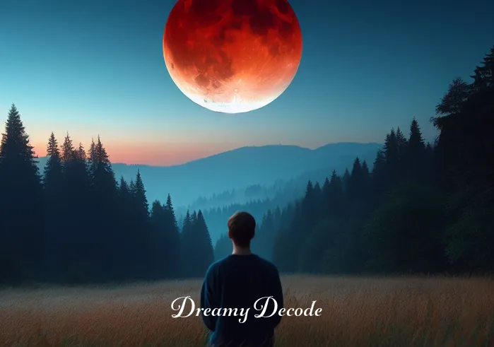 blood moon dream meaning _ A person standing in a serene meadow at twilight, gazing up at the sky where a large, vibrant blood moon begins to rise, casting a reddish glow over the landscape. The person