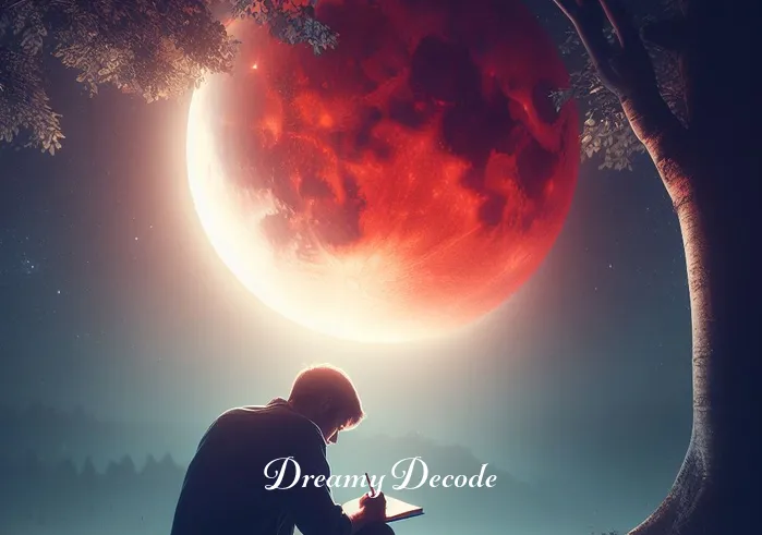 blood moon dream meaning _ The same person, now seated under a tree in the moonlit night, is seen jotting down thoughts in a journal. The blood moon hangs prominently in the sky, bathing the scene in a mystical red light. This image captures a moment of introspection and personal discovery under the moon