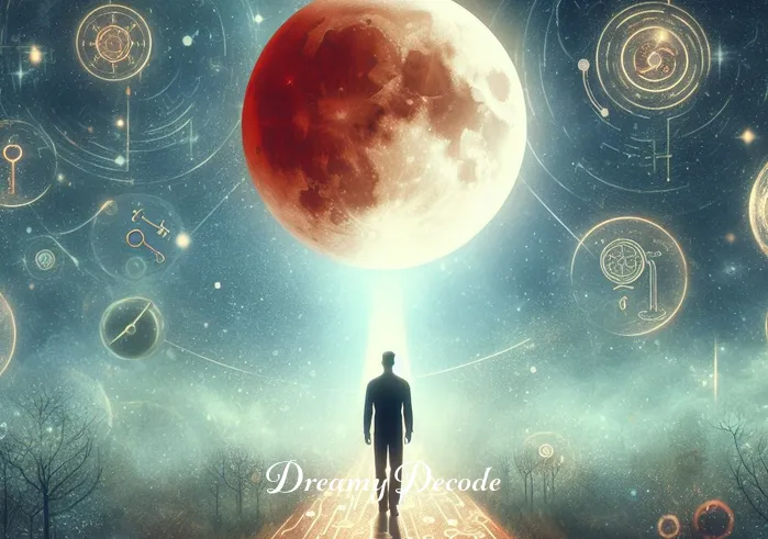 blood moon dream meaning _ In a dreamlike sequence, the person is depicted walking on a path that glows under the blood moon, surrounded by faint outlines of various symbols like keys, clocks, and stars, suggesting a journey of self-discovery and unlocking of subconscious mysteries.