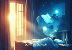 blood moon dream meaning _ The final image shows the person waking up in a cozy bedroom, with the first light of dawn peeking through the window. The journal from the previous scene is on the bedside table, symbolizing a connection between the dream experience and the awakening world.