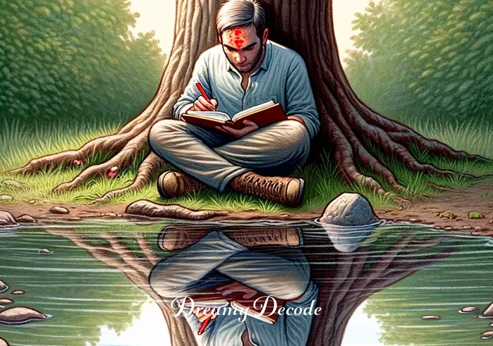 blood on face dream meaning _ The same person now sitting under a tree, thoughtfully writing in a journal. The red mark on the forehead is more distinct in the reflection of a nearby stream, indicating deeper self-reflection and analysis.