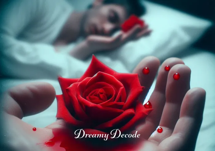 dream about blood meaning _ A dream sequence where a person is gently holding a small, vivid red rose in their hands. The rose symbolizes passion and life, with a few drops of water on its petals that resemble blood, subtly alluding to the theme of the dream.