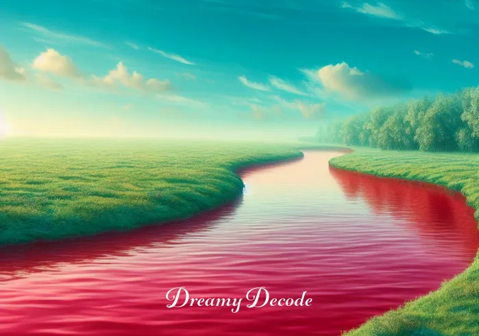 dream about blood meaning _ A serene and surreal dreamscape with a calm river running through a verdant meadow under a clear blue sky. The river