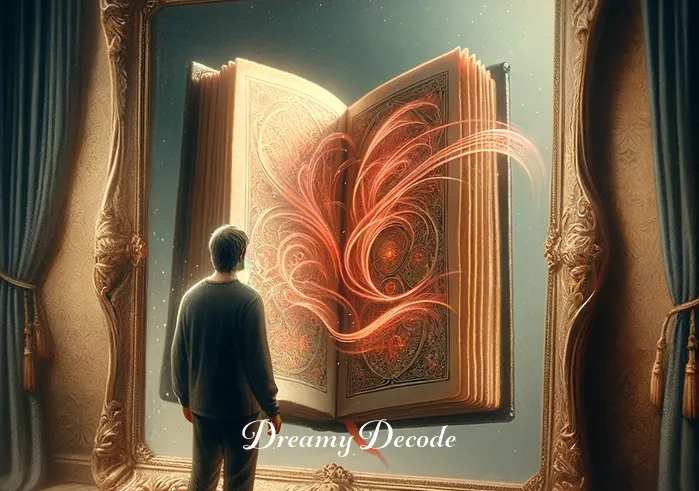 dream about blood meaning _ A dream where a person stands in front of a large, ornate mirror, seeing their reflection holding an open, antique book. The pages of the book have delicate red markings, symbolizing knowledge and the pursuit of understanding in relation to the dream theme.