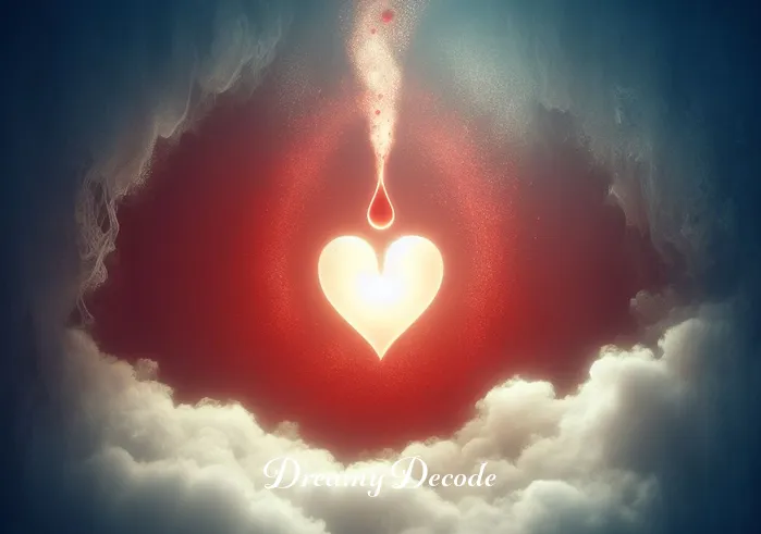dream about blood meaning _ An abstract representation of a dream, featuring a soft, glowing light emanating from a heart-shaped object, surrounded by a misty, dreamlike atmosphere. The light casts a gentle red hue, symbolizing blood in a metaphorical and positive light, reflecting inner wisdom and emotional depth.