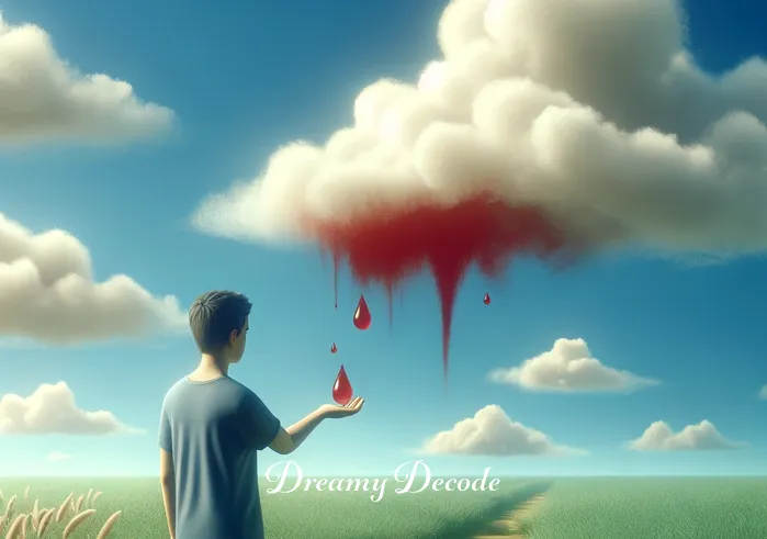 dream blood meaning _ A dreamer standing in a peaceful, grassy field under a clear blue sky, looking puzzled as they see a few drops of red liquid on their palm. The scene is serene, with a few white clouds in the sky and a gentle breeze rustling the grass.