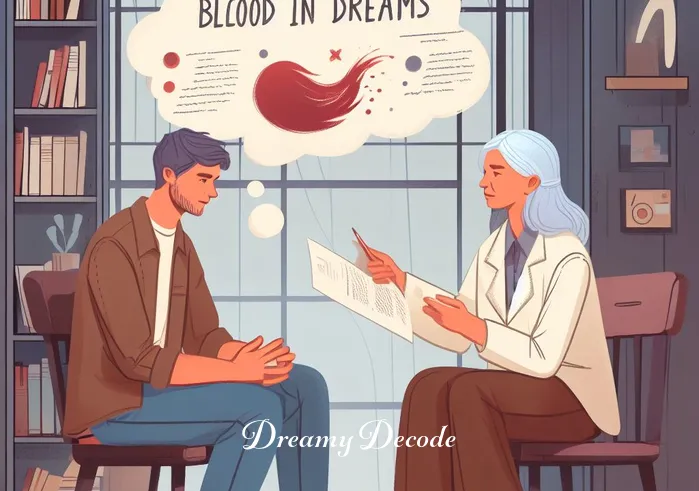 dream blood meaning _ A scene showing the dreamer in a cozy, well-lit room, engaged in a deep conversation with a wise-looking individual, possibly a therapist or dream analyst. They are discussing a paper with notes about blood in dreams, surrounded by other dream analysis books.