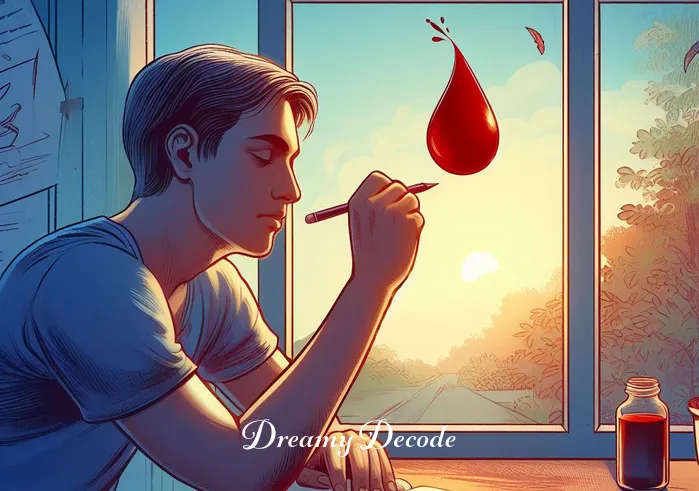 dream blood meaning _ The dreamer, now looking relieved and enlightened, writing in a journal at a desk by a window with a view of the sunrise. The journal entry includes a sketch of a red drop and a list of positive interpretations and personal reflections related to their dream.