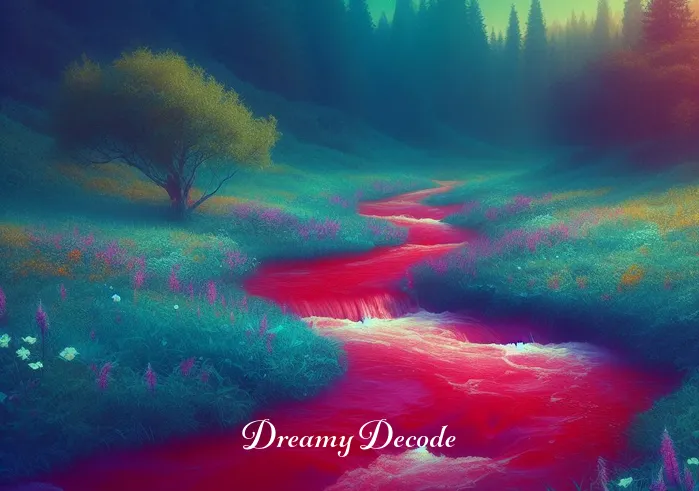 dream meaning blood _ A serene landscape where a gentle stream flows through a vivid, lush meadow. In the dream, the water of the stream subtly shifts to a deep red hue, symbolizing blood, but the scene remains tranquil and undisturbed, reflecting the mysterious nature of dreams involving blood.