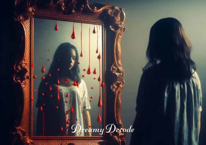 dream meaning blood _ A person standing before a large, ornate mirror in a dimly lit room, peering into their own reflection. As they watch, small droplets of red appear on the mirror