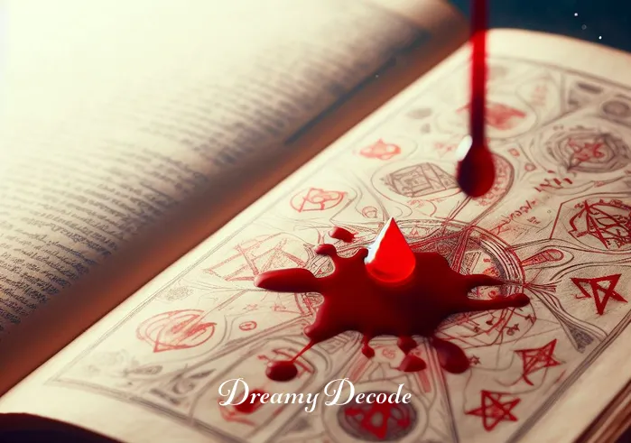 dream meaning blood _ A close-up of an open book with ancient, mystical symbols on its pages. Among these symbols, a vivid red ink spot stands out, representing blood in the dream context. This scene suggests the pursuit of understanding and interpreting the significance of blood in dreams.