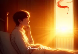 dream meaning blood _ A peaceful bedroom scene at dawn, with the first rays of sunlight casting a warm glow. The dreamer is depicted waking up, a look of contemplation on their face as they recall a dream involving blood, symbolizing the awakening to new insights or realizations.