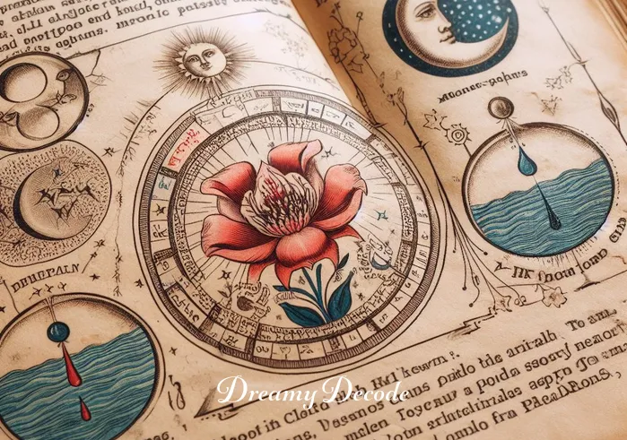 dream meaning menstrual blood _ An open, ancient book with illustrations and texts about dream interpretations, focusing on a page about menstrual blood in dreams. The page depicts symbolic images like a moon, water, and a blooming flower, suggesting cycles, purification, and renewal.