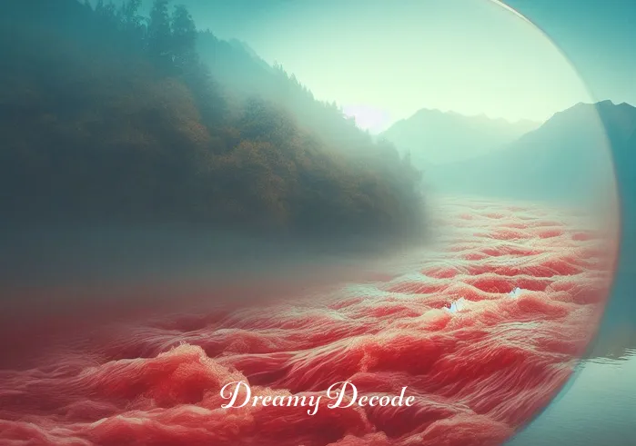 dream meaning of blood _ A serene dreamscape where a gentle stream of crystal-clear water slowly turns a soft shade of red, symbolizing the gradual appearance of blood in a dream. The surrounding scenery remains peaceful and undisturbed, reflecting a calm and contemplative mood.