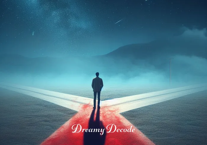 dream meaning of blood _ A dream vision showing a person standing at a crossroads under a clear, starry sky. Their shadow on the ground is mysteriously tinted red, representing blood in the dream. This scene symbolizes a moment of decision-making, with the red shadow hinting at underlying emotions or health concerns.
