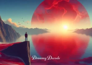 dream meaning of blood _ A dreamer standing on a cliff overlooking a vast ocean that reflects the red hues of a sunrise. The red reflection on the water symbolizes blood in the dream, suggesting a deep connection with nature and the cycle of life and renewal.