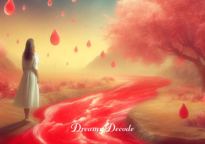 dream meaning period blood _ A surreal scene where the dreamer encounters a gentle, flowing river with water tinted red, representing the discovery of period blood in the dream.